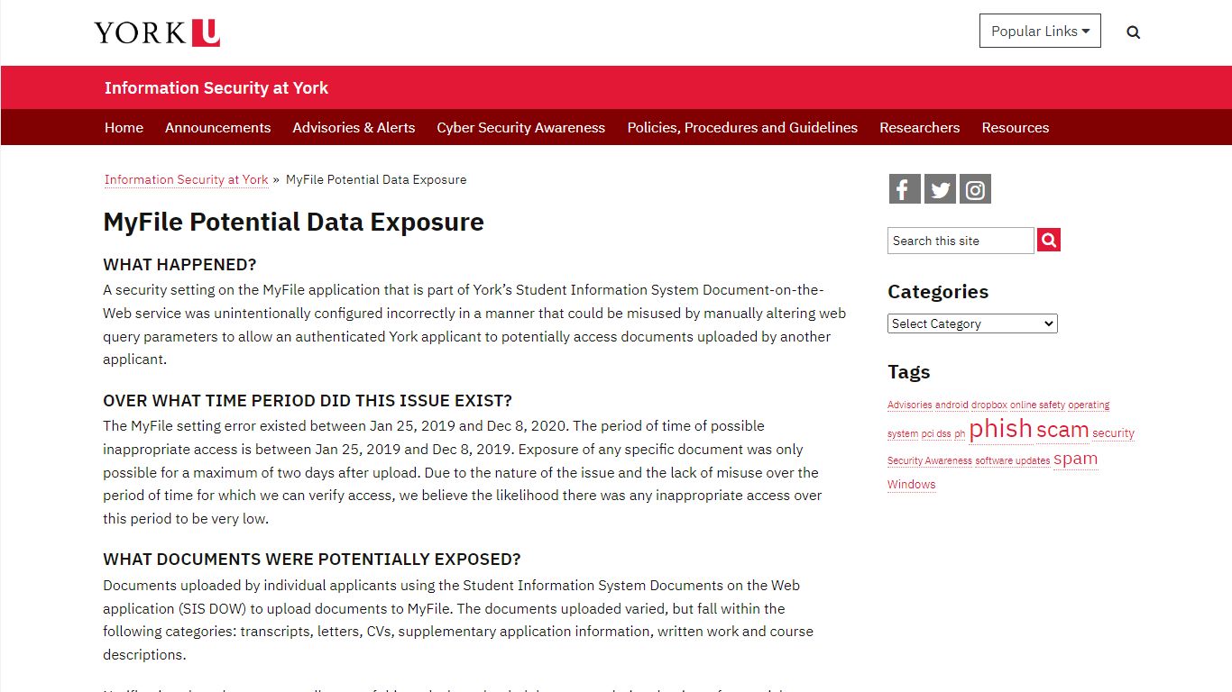 MyFile Potential Data Exposure | Information Security at York